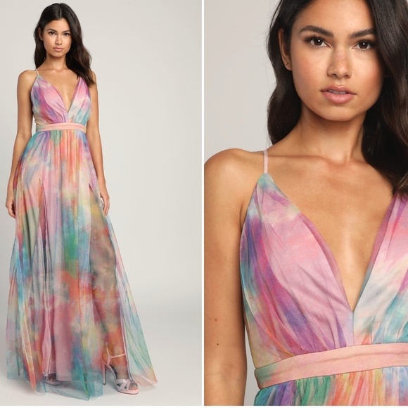 LULU's Prom Wedding Special Event Sexy Flowy Colorful Tulle Tie Dye Maxi Dress - Picture 5 of 10